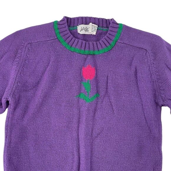 Lord & Taylor Vintage Sweater Girls Size Large Purple Tulip Knit 90s Preppy Cute - Picture 2 of 6
